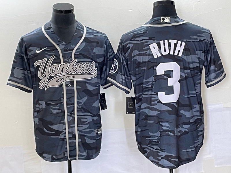 Men's New York Yankees Babe Ruth #3 Grey Camouflage Jersey Joint Edition